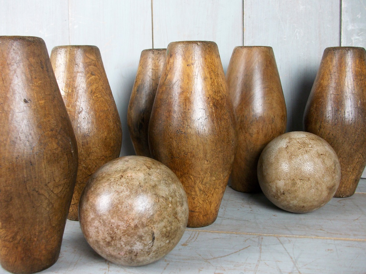 full set of ten antique oak garden Skittles